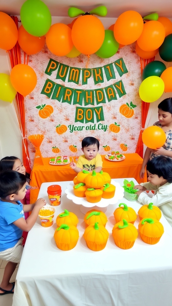 A vibrant pumpkin-themed birthday party for a boy, featuring decorations, cupcakes, and children playing.